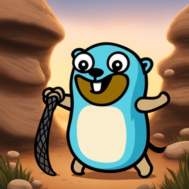 Go Blue Gopher happily tackling the Python language logo.