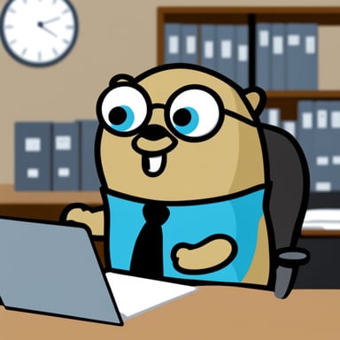 Nervous Go Blue Gopher working in an office.