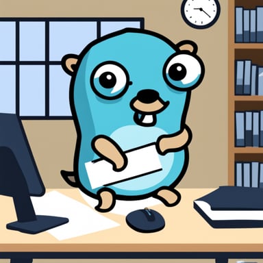 Nervous Go Blue Gopher working in an office.