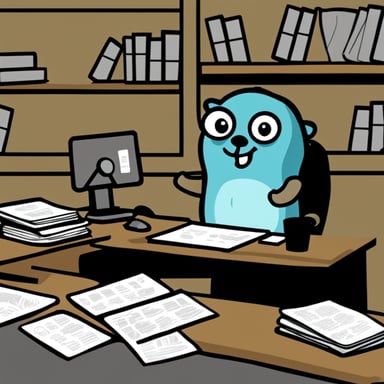 Nervous Go Blue Gopher working in an office.