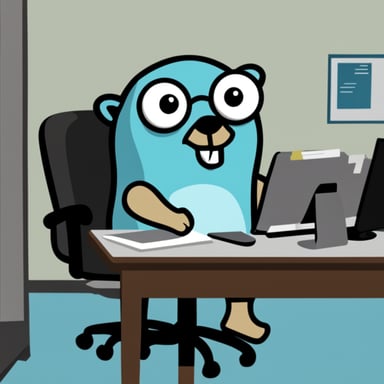 Nervous Go Blue Gopher working in an office.