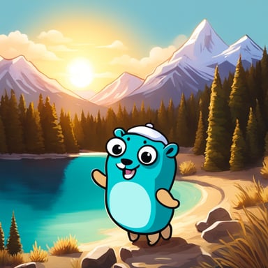 Go Blue Gopher, happy and bright, adorned only with a white cap. Behind Go Blue Gopher stretches a turquoise lake, and beyond, mountains with fir trees rise under a light sky lit by the sun.