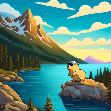 Go Blue Gopher, happy and bright, adorned only with a white cap. Behind Go Blue Gopher stretches a turquoise lake, and beyond, mountains with fir trees rise under a light sky lit by the sun.