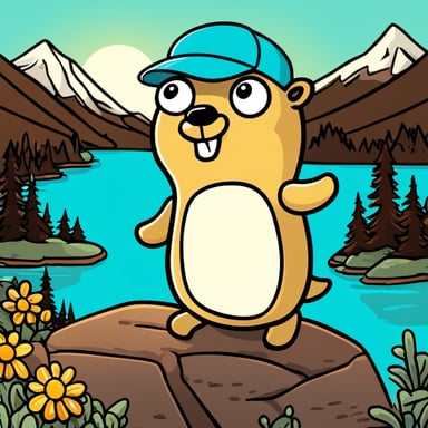 Go Blue Gopher, happy and bright, adorned only with a white cap. Behind Go Blue Gopher stretches a turquoise lake, and beyond, mountains with fir trees rise under a light sky lit by the sun.
