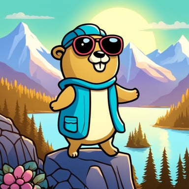 Go Blue Gopher, happy and bright, adorned only with a white cap. Behind Go Blue Gopher stretches a turquoise lake, and beyond, mountains with fir trees rise under a light sky lit by the sun.