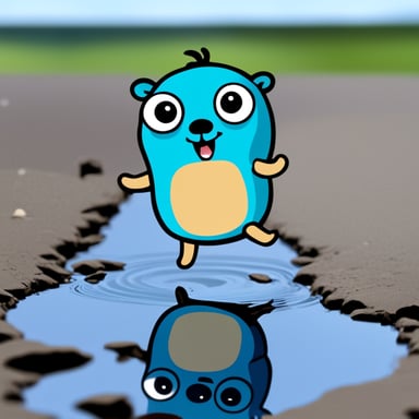 Go Blue Gopher jumps over a puddle.