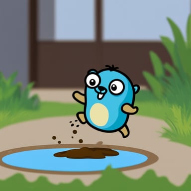 Go Blue Gopher jumps over a puddle.