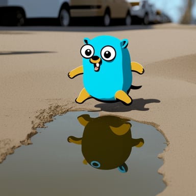 Go Blue Gopher jumps over a puddle.