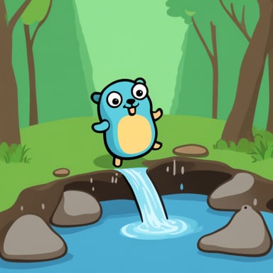 Go Blue Gopher jumps over a puddle.