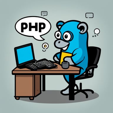 A go blue gopher character wearing a t-shirt with the PHP elephant logo, holding a keyboard with PHP code on the screen, surrounded by speech bubbles containing PHP-related terms like 'echo', 'function', and 'variable'.