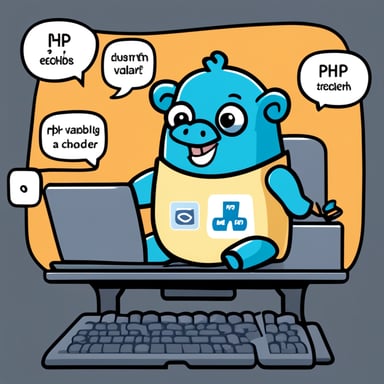 A go blue gopher character wearing a t-shirt with the PHP elephant logo, holding a keyboard with PHP code on the screen, surrounded by speech bubbles containing PHP-related terms like 'echo', 'function', and 'variable'.