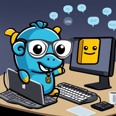 A go blue gopher character wearing a t-shirt with the PHP elephant logo, holding a keyboard with PHP code on the screen, surrounded by speech bubbles containing PHP-related terms like 'echo', 'function', and 'variable'.