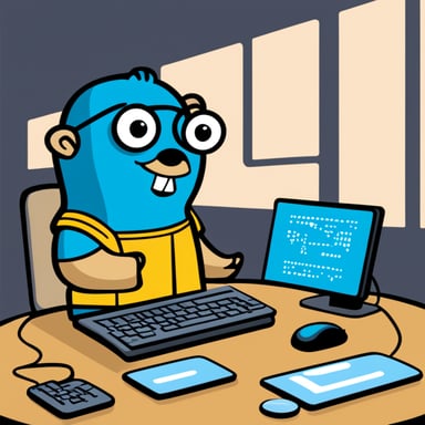 A go blue gopher character wearing a t-shirt with the PHP elephant logo, holding a keyboard with PHP code on the screen, surrounded by speech bubbles containing PHP-related terms like 'echo', 'function', and 'variable'.