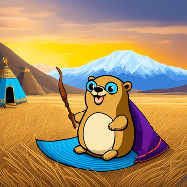 Go Blue Gopher plays the dombra. Sits in the steppe against the background of Kazakh yurts and mountains on a clear day.