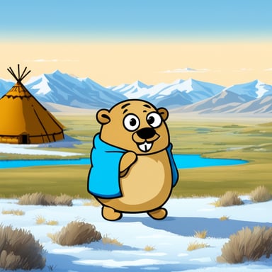 Go Blue Gopher plays the dombra. Sits in the steppe against the background of Kazakh yurts and mountains on a clear day.
