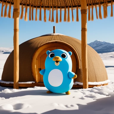 Go Blue Gopher plays the dombra. Sits in the steppe against the background of Kazakh yurts and mountains on a clear day.