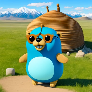 Go Blue Gopher plays the dombra. Sits in the steppe against the background of Kazakh yurts and mountains on a clear day.