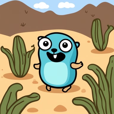 Go Blue Gopher, happy in the desert surrounded by snakes.