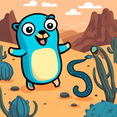 Go Blue Gopher, happy in the desert surrounded by snakes.