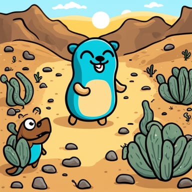 Go Blue Gopher, happy in the desert surrounded by snakes.
