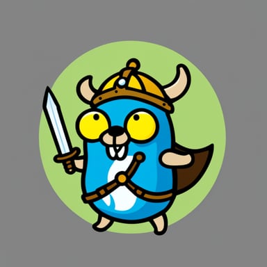 Go blue gopher as a Viking gopher with round shield and sword.