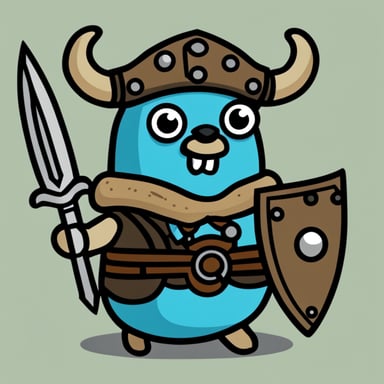 Go blue gopher as a Viking gopher with round shield and sword.