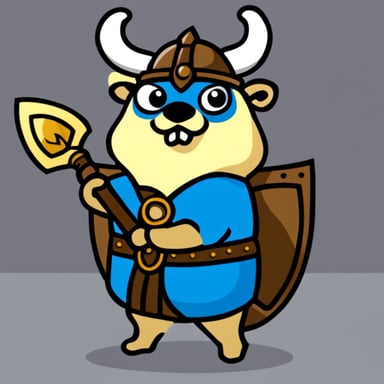 Go blue gopher as a Viking gopher with round shield and sword.