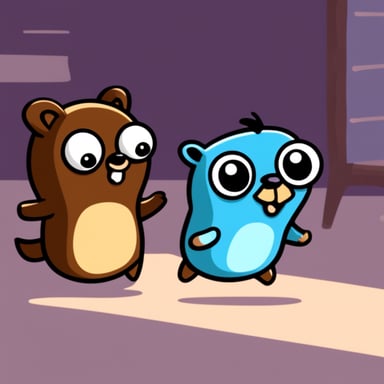 Go Blue Gopher running to server and pushing raccoon.