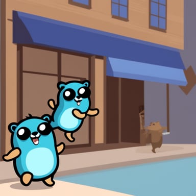 Go Blue Gopher running to server and pushing raccoon.