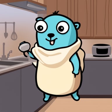 Go Blue Gopher is tired in the kitchen.