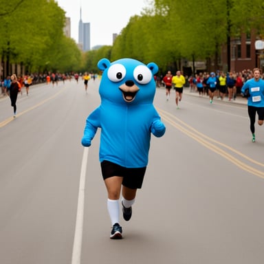Go Blue Gopher as the skinny white marathon runner