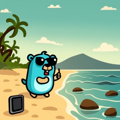 Angry go blue gopher with a phone on the beach.