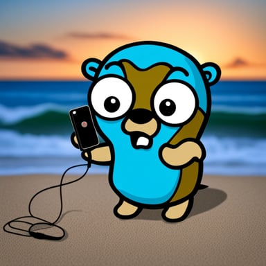 Angry go blue gopher with a phone on the beach.