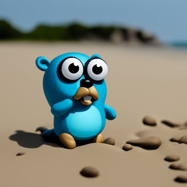 Angry go blue gopher with a phone on the beach.