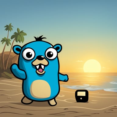 Angry go blue gopher with a phone on the beach.