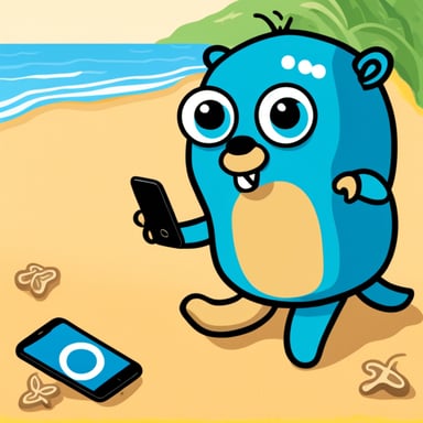 Go Blue Gopher on the beach with a phone in his hand.