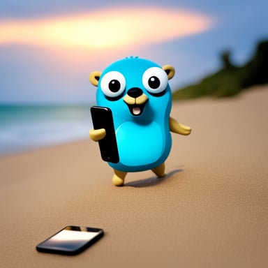 Go Blue Gopher on the beach with a phone in his hand.