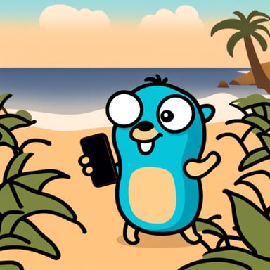 Go Blue Gopher on the beach with a phone in his hand.