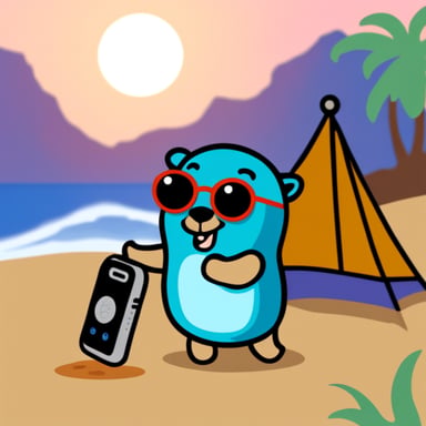Go Blue Gopher on the beach with a phone in his hand.