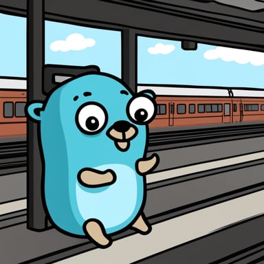 The sad go blue gopher sits at the station, waiting for a train that is delayed.