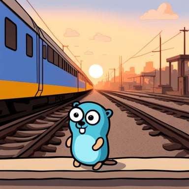 The sad go blue gopher sits at the station, waiting for a train that is delayed.