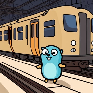 The sad go blue gopher sits at the station, waiting for a train that is delayed.