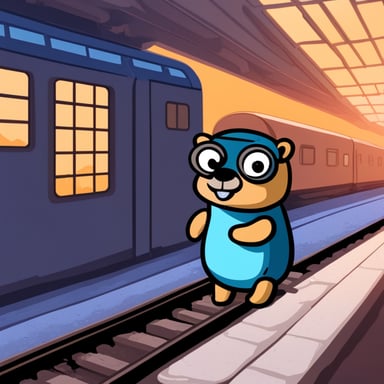 The sad go blue gopher sits at the station, waiting for a train that is delayed.