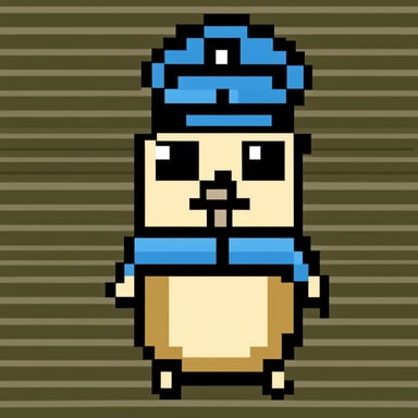 A gopher in a military uniform, pixelated, is known as Go Blue Gopher.