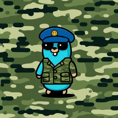 Go Blue Gopher in a military uniform, showcasing pixel camouflage.