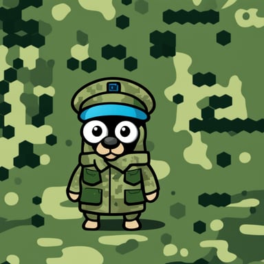 Go Blue Gopher in a military uniform, showcasing pixel camouflage.