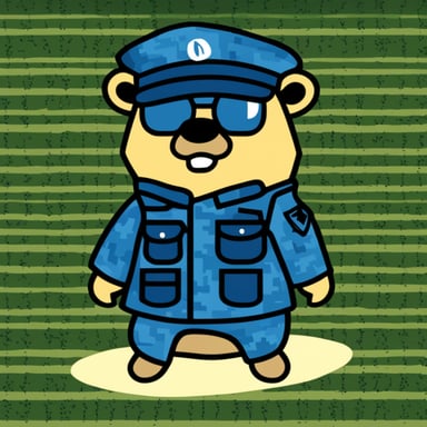 Go Blue Gopher in a military uniform features pixel camouflage.