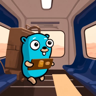 Go blue gopher in the train in Russia.