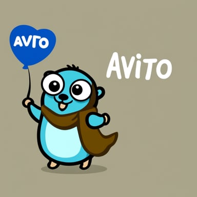 Happy Go Blue Gopher with the word Avito in its hands.
