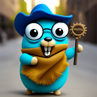 Happy Go Blue Gopher with the word Avito in its hands.